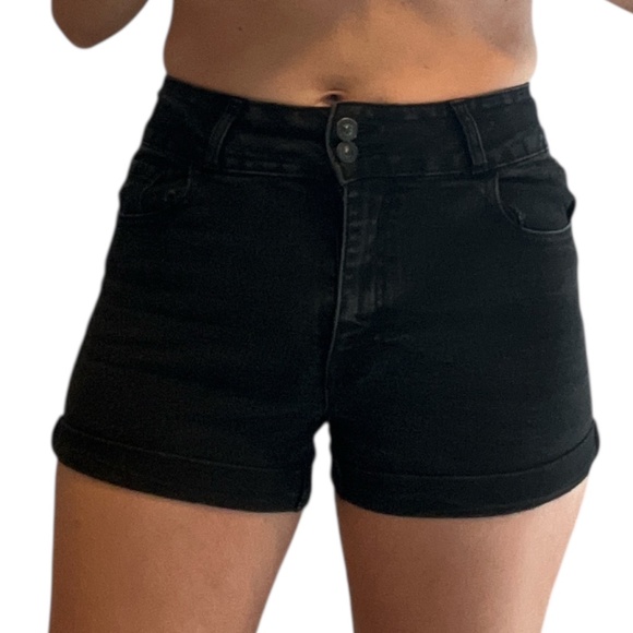 Forever 21 Black High Waist Denim Shorts with Double Button Closure | Size 27 - Picture 1 of 5